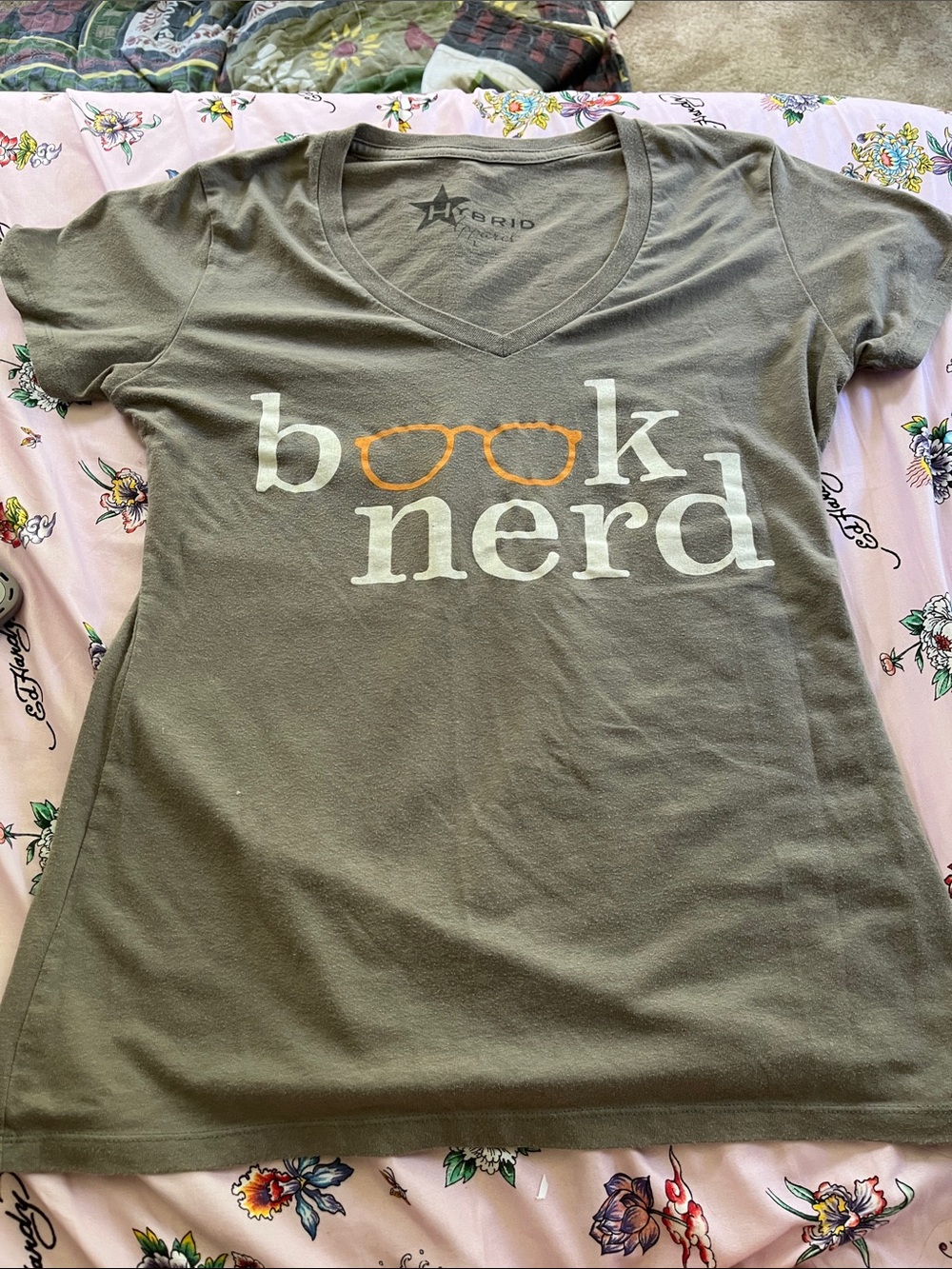 Hybrid Apparel Gray "Book Nerd" V-Neck Tee with Orange Glasses